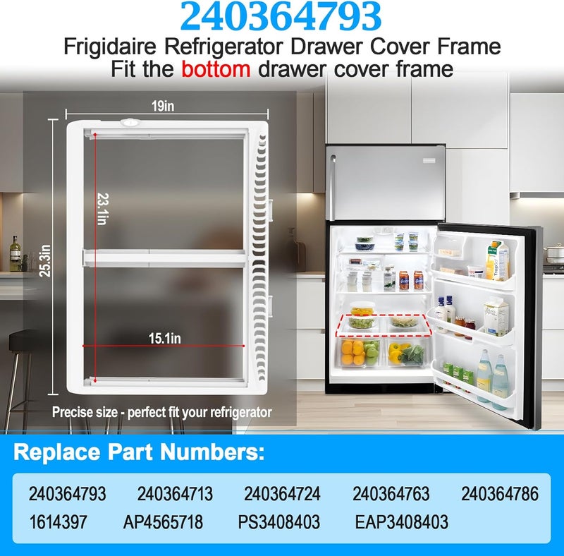 Alvar UPGRADED 240364793 Refrigerator Crisper Drawer Cover Frame Compatible with Frigidaire Crisper Drawer Replacement 240364713 Crisper Pan Cover Unit 240364763 240364786 Fridge Crisper Shelf Cover - Image 4